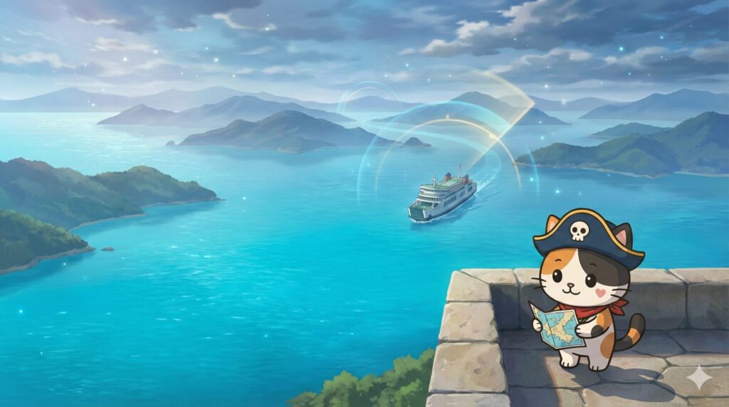 瀬戸内海の島々と航路を背景に、航路図を確認しながら見守っているココロ船長の見出し画像