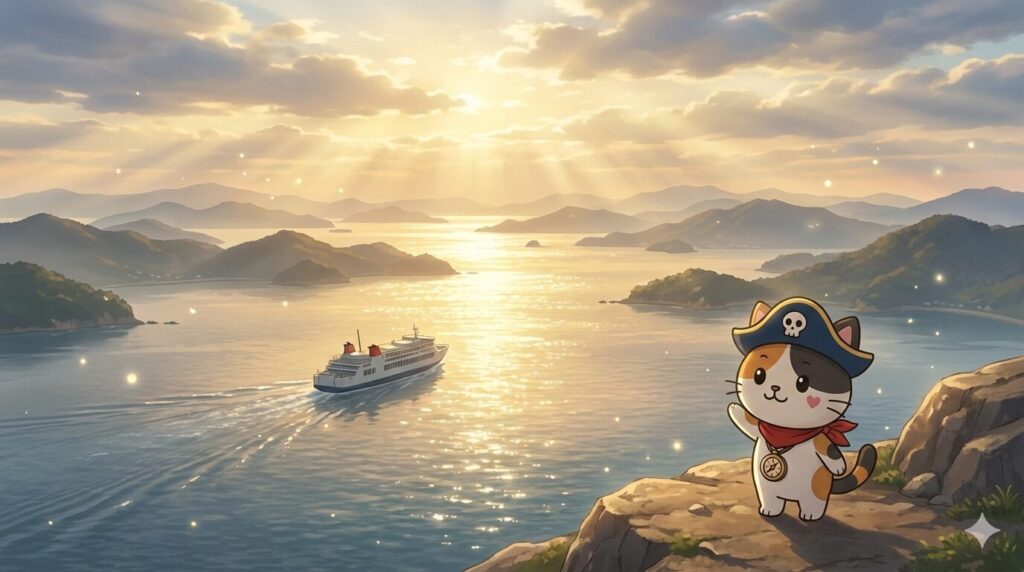 瀬戸内海の夕景を背景に出航するフェリーを見送りながら希望を示すココロ船長の見出し画像