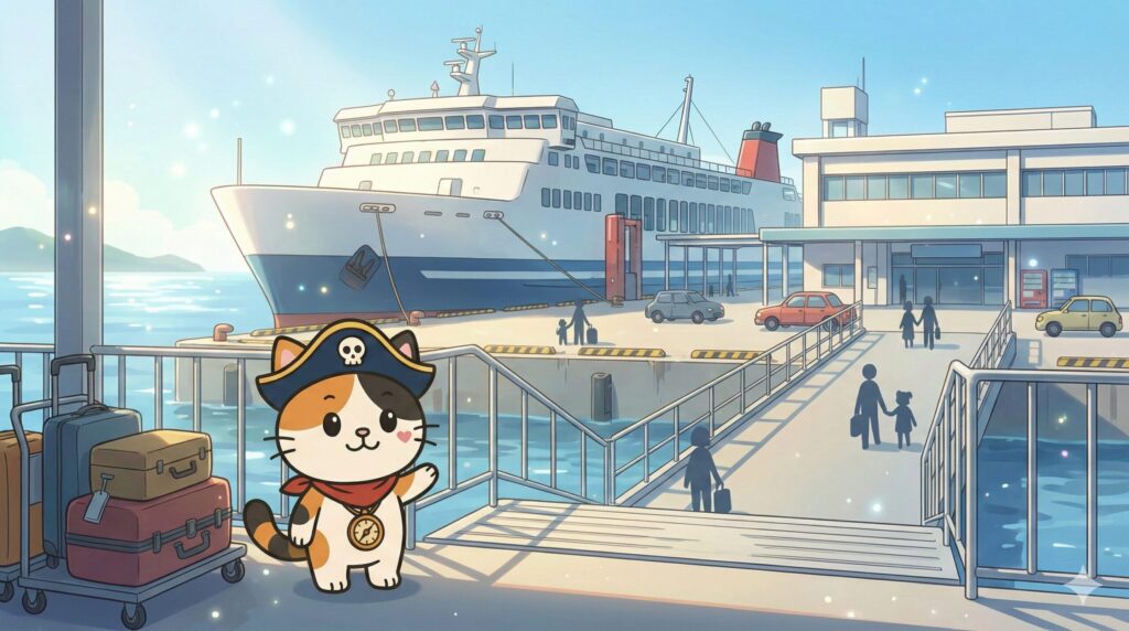 瀬戸内のフェリーターミナルで乗船案内をしながら落ち着いた雰囲気を示すココロ船長の見出し画像