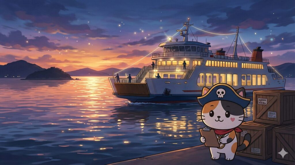 夕暮れの港で物資の箱を確認しながら航路を支える様子のココロ船長の見出し画像