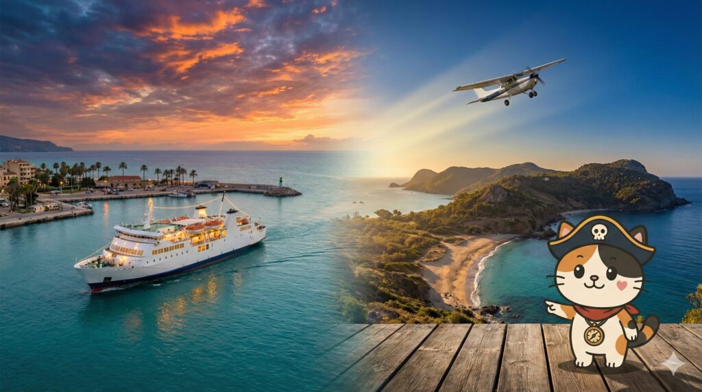 同じ湾の景色の中で、フェリーと飛行機を見比べる構図になっている広い風景の端で案内するココロ船長