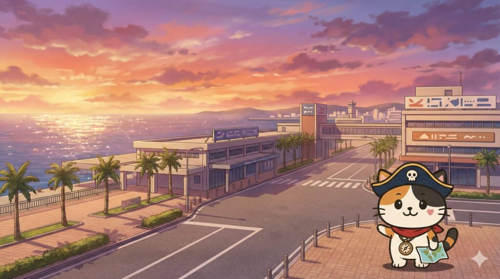 泊ふ頭旅客ターミナル（とまりん）の外観と港の風景を背景に、入口の方向を案内しているココロ船長。
