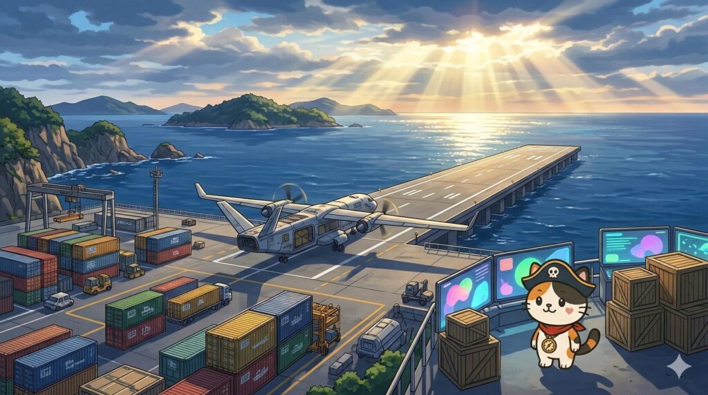 離島の物流拠点で出発する大型ドローンを見ているココロ船長