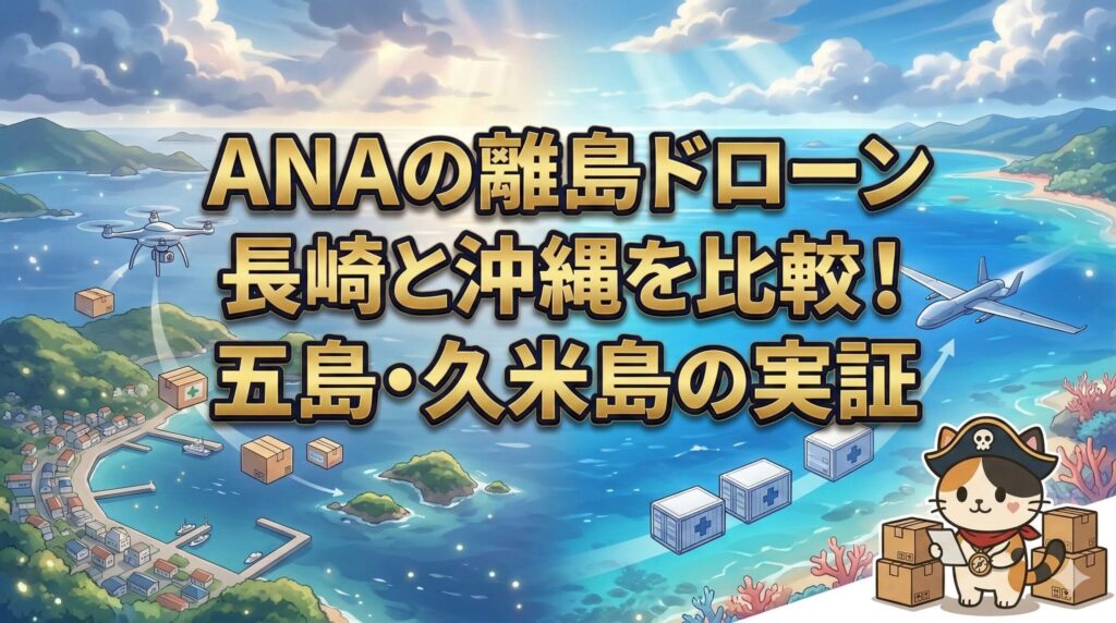 長崎と沖縄の離島ドローン物流を背景に、荷物を確認しているココロ船長