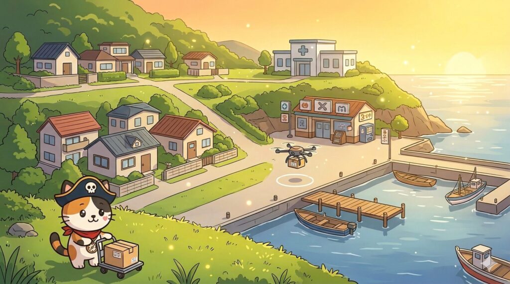 離島で届いた荷物を受け取っているココロ船長