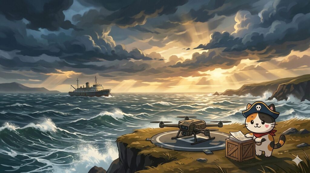荒天の港でドローン配送の難しさを確認しているココロ船長