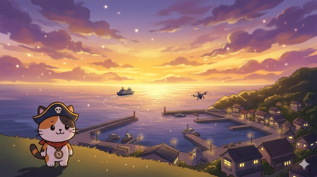 夕暮れの離島物流の風景を見守っているココロ船長