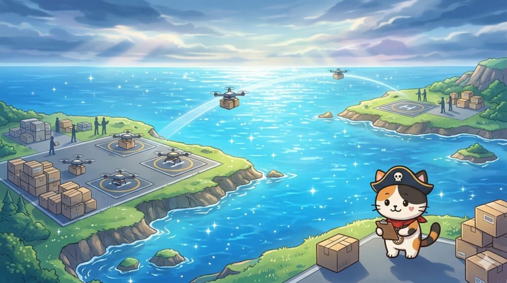 離島間のドローン配送の流れを確認しているココロ船長