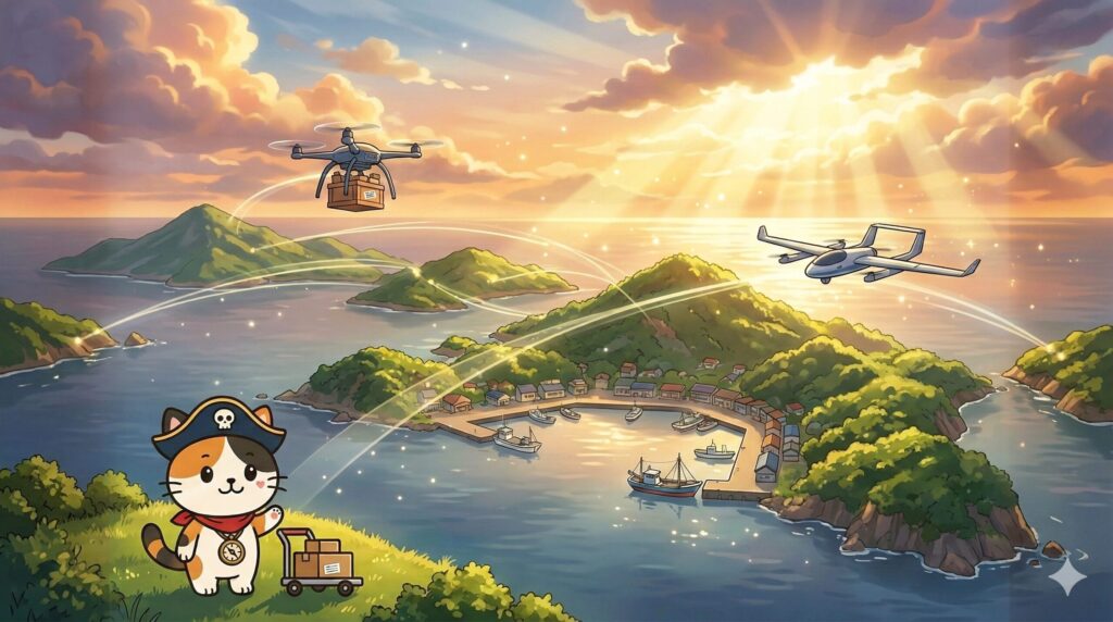 複数の島を結ぶ未来のドローン物流を見守るココロ船長