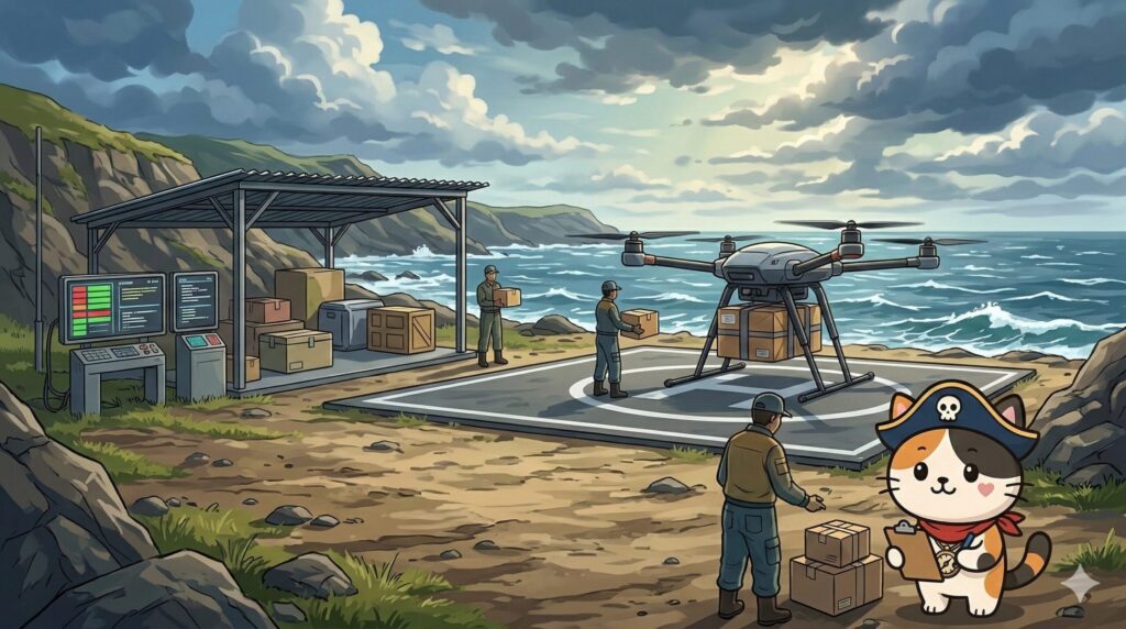 風の強い離島の運用現場で荷物確認をしているココロ船長