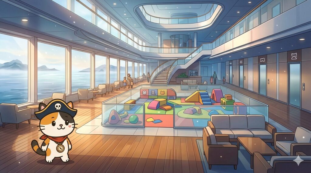 明るい船内ラウンジを歩くココロ船長