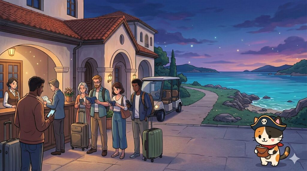 宿泊条件を確認しているココロ船長