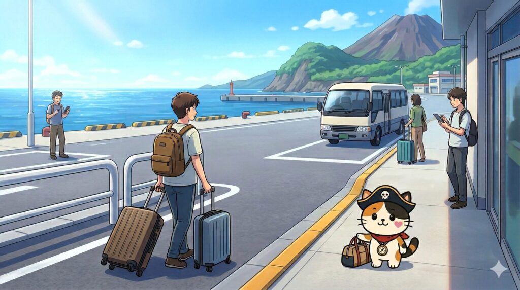 予約準備の旅人を案内しているココロ船長