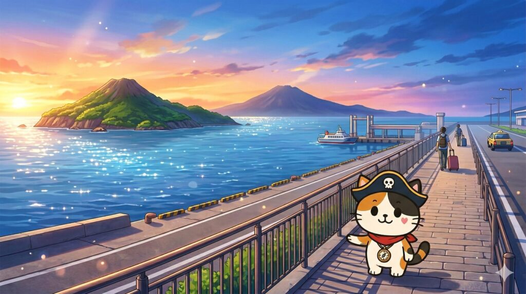 春の島旅の景色を案内しているココロ船長