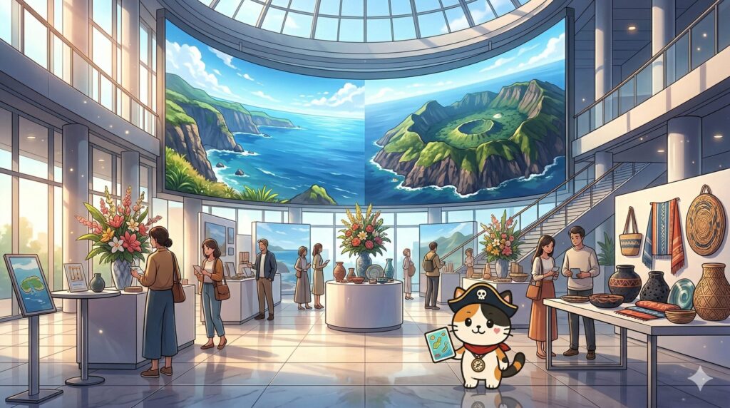 島の魅力PR会場を楽しんでいるココロ船長