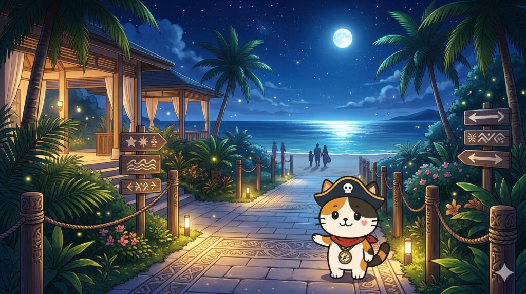 夜のビーチへの行き方を案内するココロ船長