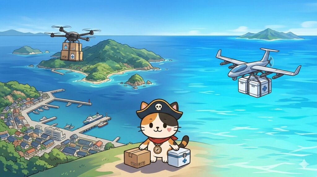 長崎と沖縄のドローン物流を比べる風景の中で荷物を仕分けするココロ船長