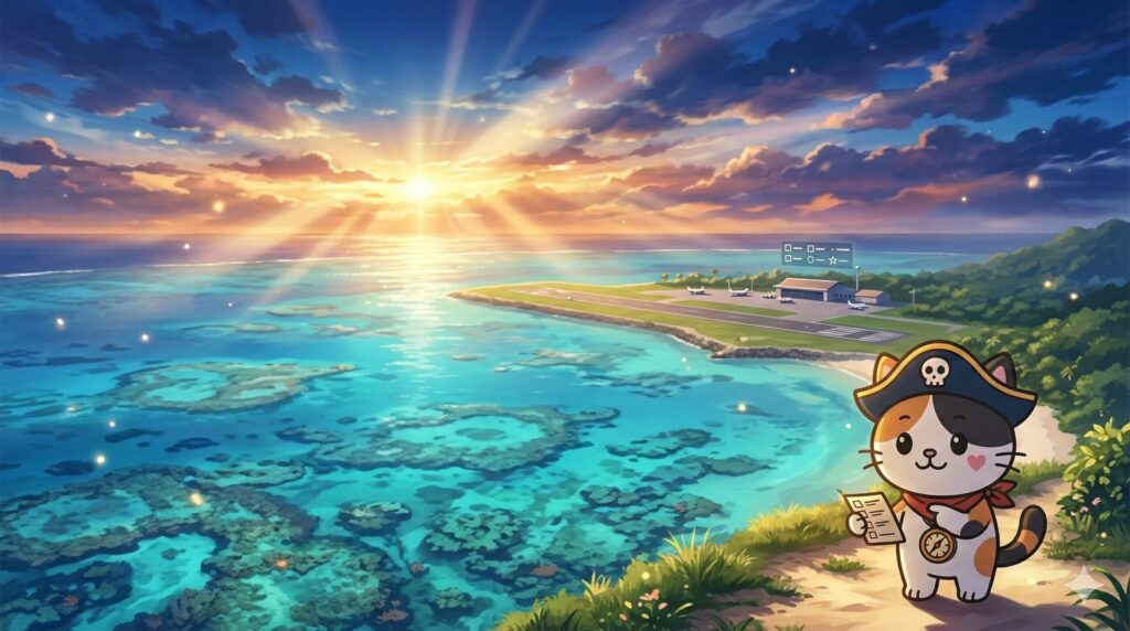 離島空港の出発エリアで、チェック項目を確認しているココロ船長