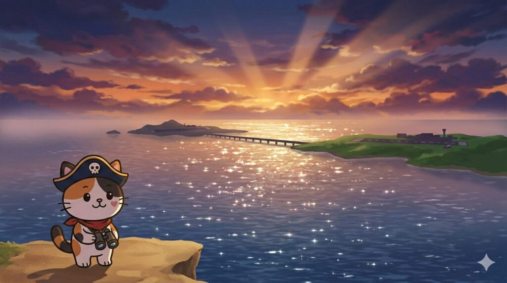 海の向こうに2つの離島空港が見える風景で、双眼鏡を手に眺めるココロ船長