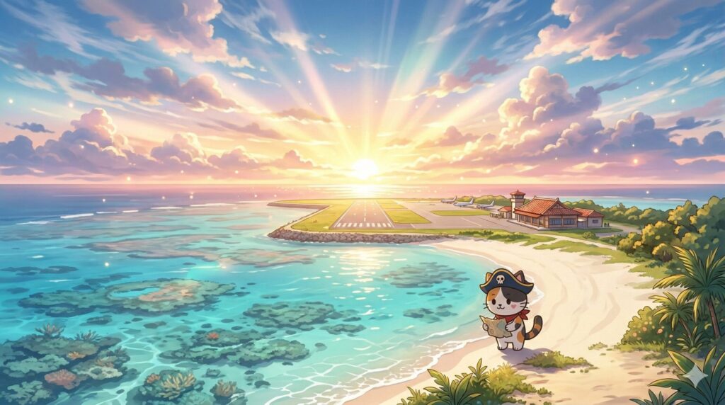 朝焼けの海沿い離島空港を背景に、地図を確認しているココロ船長