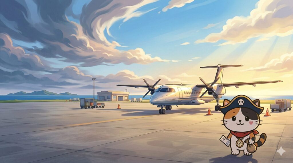 海を望む離島空港のエプロンで、航空券を手に考えているココロ船長