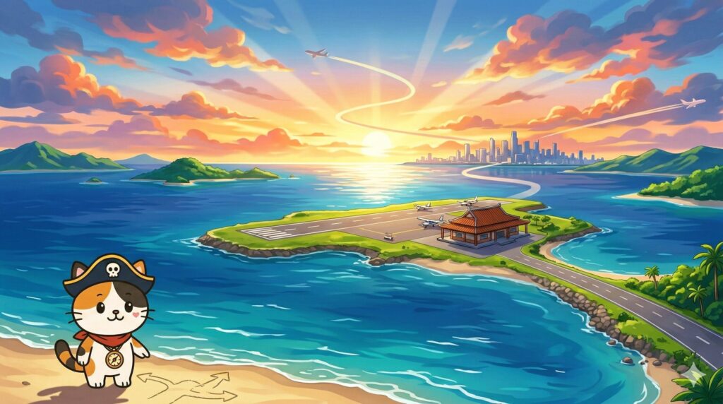 複数の航路を示す空の飛行機の軌跡を背景に、ルート図を見ているココロ船長