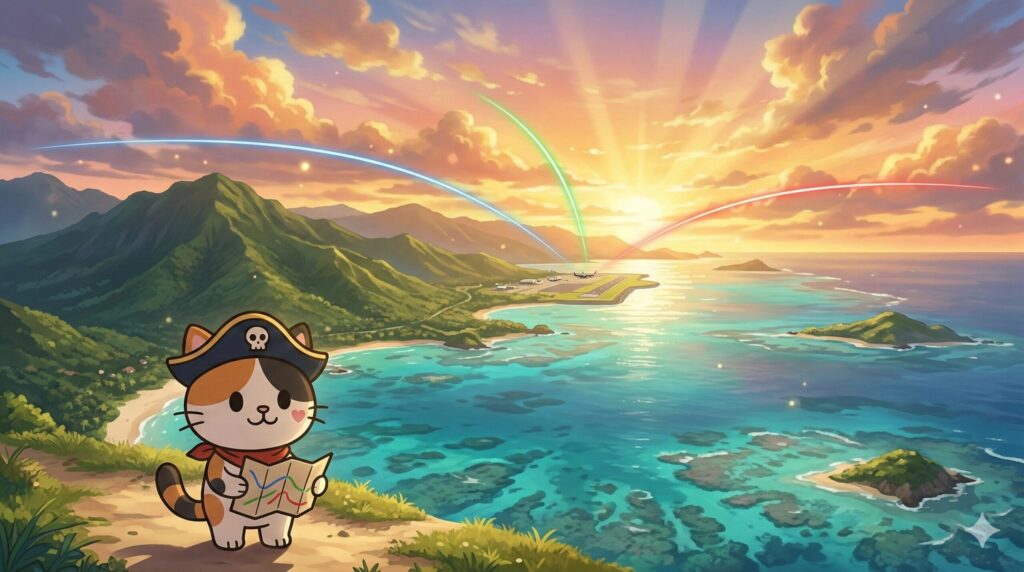 空に3本の光の軌跡が伸びる離島の海岸風景で、地図を広げるココロ船長