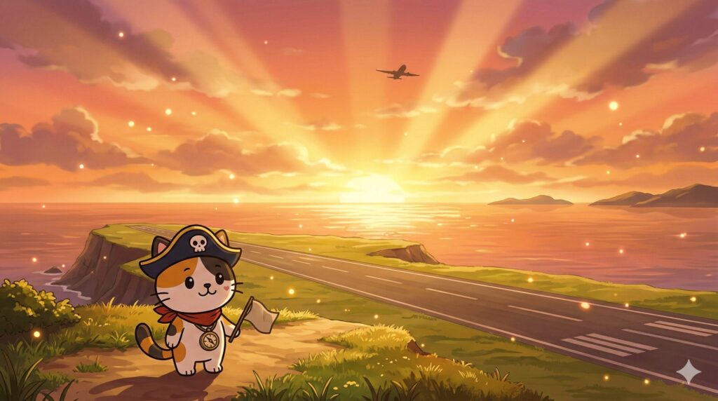 夕焼けの離島空港を背景に、旅立ちを見送るココロ船長