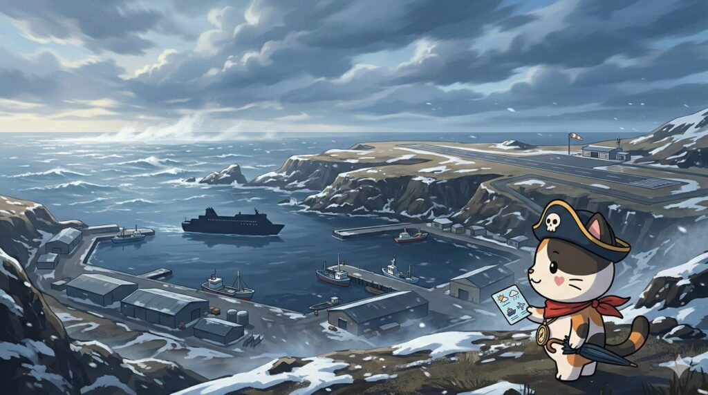 冬の海沿いの離島で、代替ルートを意識しながら天候を確認するココロ船長