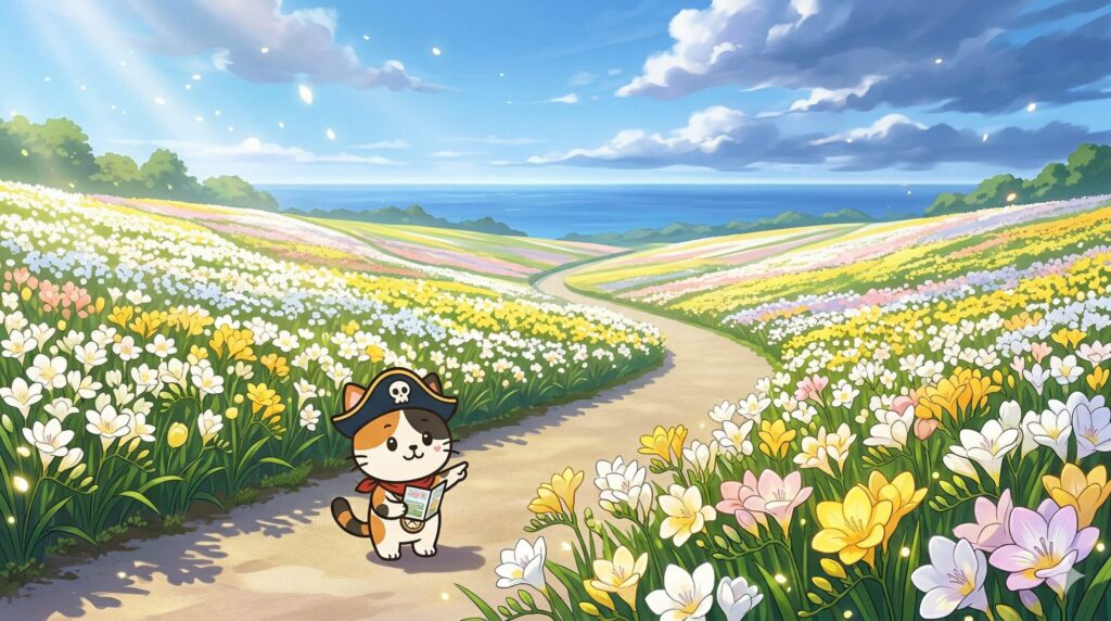 見頃の花畑を見るココロ船長