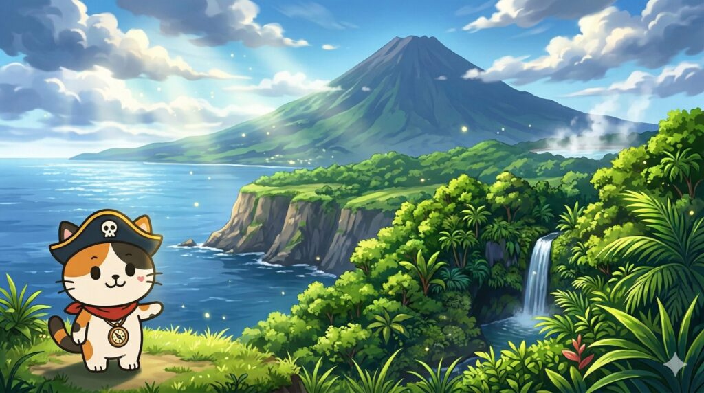 春の島景色を見るココロ船長