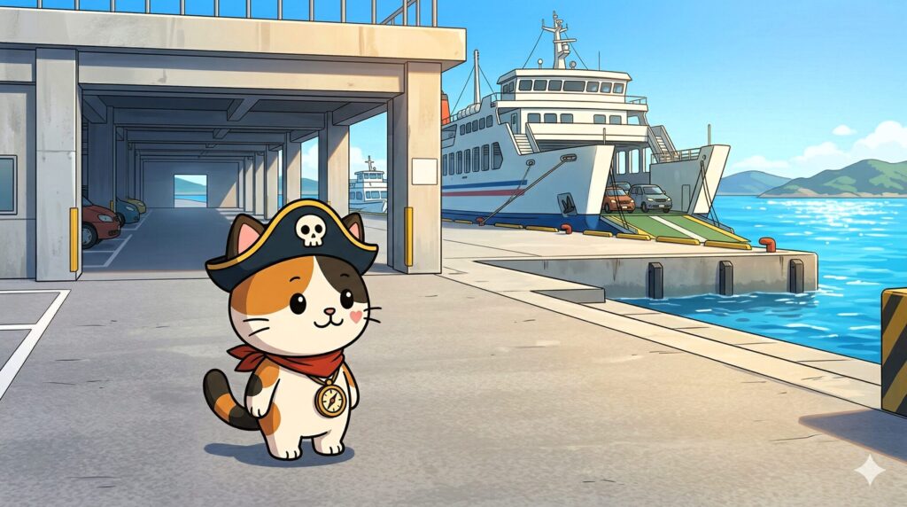 駐車場から港へ向かうココロ船長