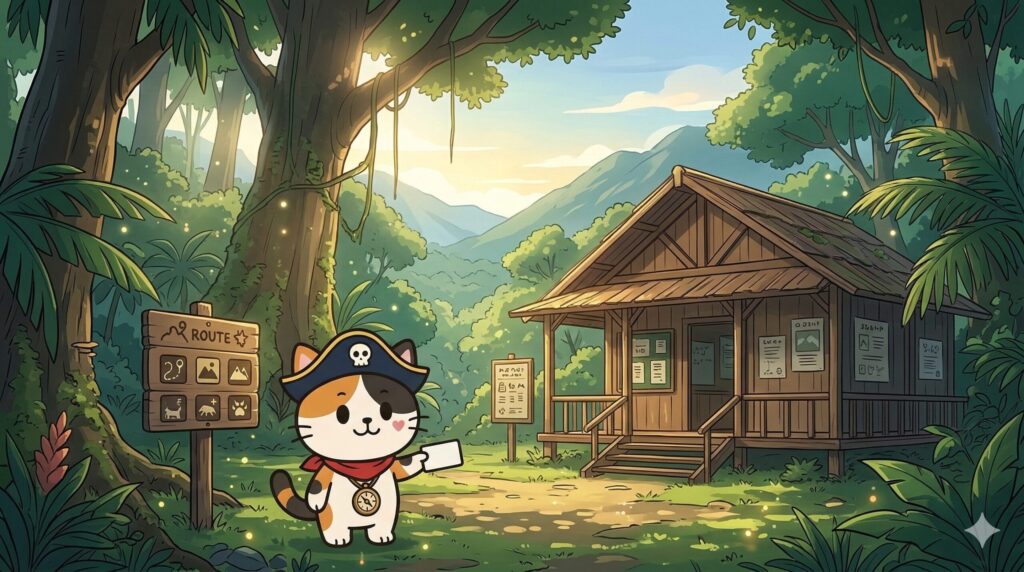 ジャングルに囲まれた案内小屋や拠点を引きで描く風景。左下に小さなココロ船長が許可カードを示し、手続きのイメージを伝える見出し画像。