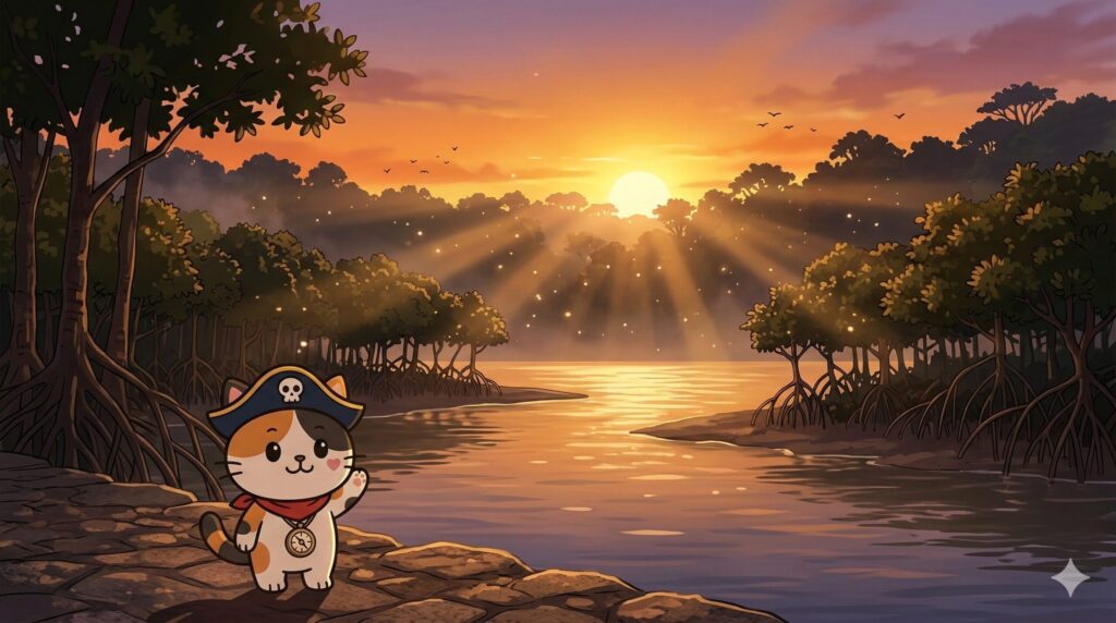 夕景の西表島（海とマングローブとジャングル）を壮大に描いた風景。左下に小さなココロ船長がうなずいて背中を押す見出し画像。