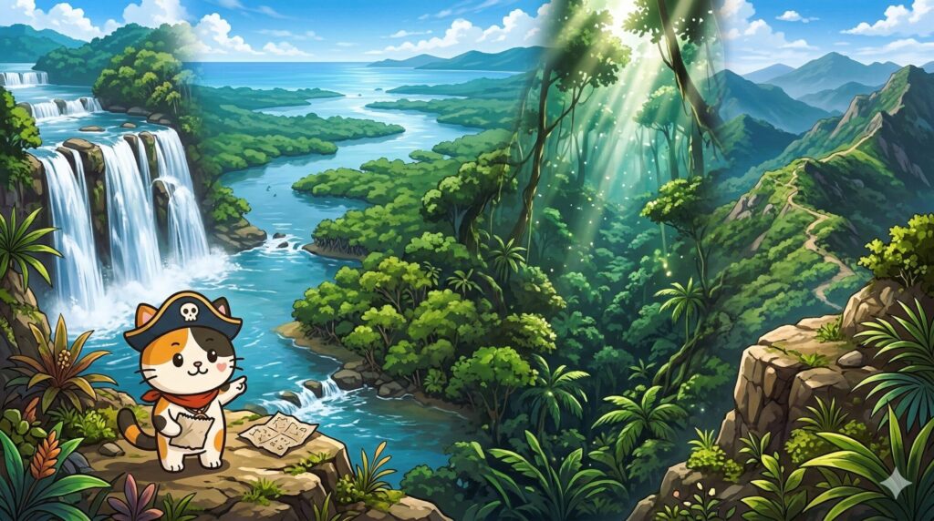 滝や川や山を背景に対象フィールドの違いを見ているココロ船長