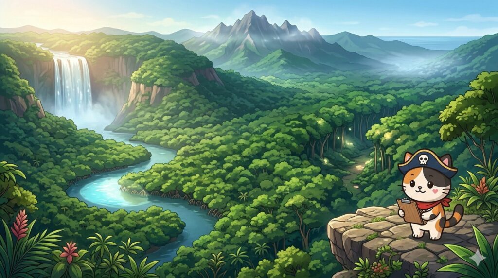 5つの対象フィールドを見比べるように景色を確認しているココロ船長