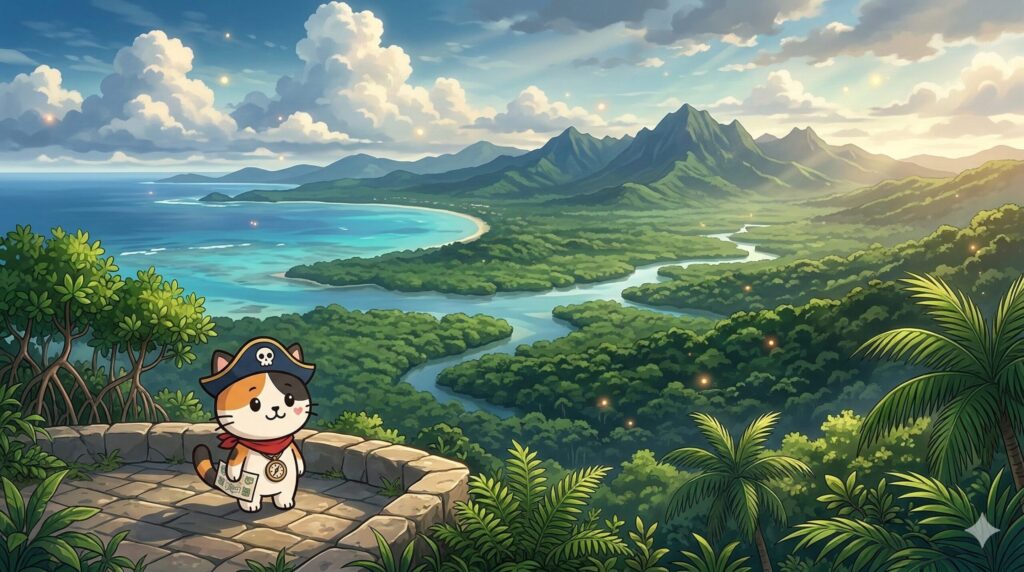 西表島の広い景色を見渡しながら対象範囲を確認しているココロ船長