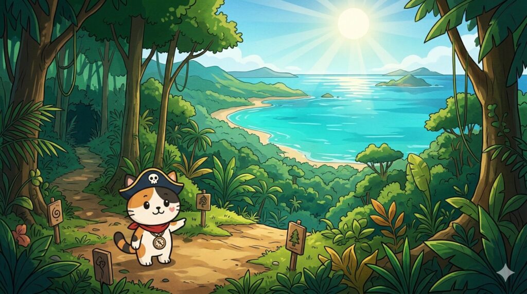 西表島の広い自然の中で、奥へ続く道や入口の雰囲気を引きで表現。左下に小さなココロ船長が目印を示し、対象が一部であることを示唆する見出し画像。