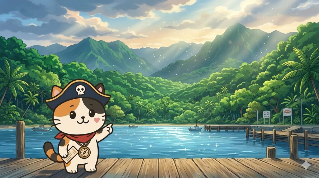 西表島の港とジャングルを広く描いた風景。左下に小さなココロ船長が立ち、島を指さしながら案内する見出し画像（文字なし）。