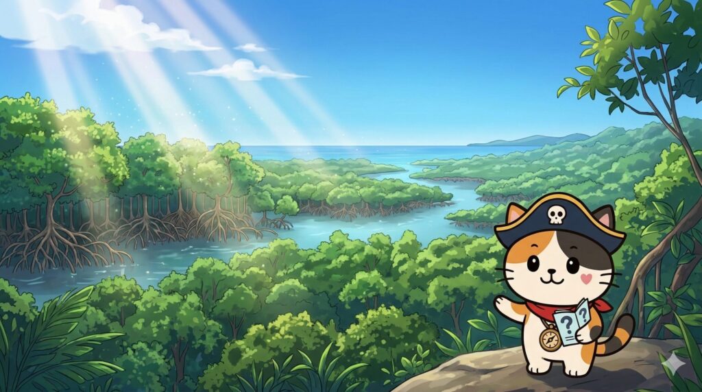 西表島の自然を引きで描いた風景。右下に小さなココロ船長が質問に答えるように身振りし、疑問解消の雰囲気を出す見出し画像。