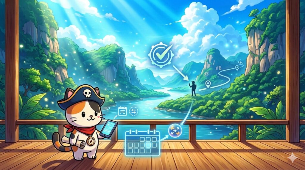 申請の流れを確認するココロ船長