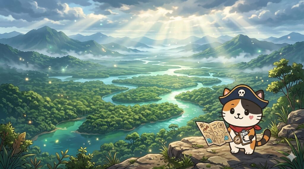 西表島のマングローブとジャングルを引きで描いた風景。右下に小さなココロ船長が地図とクリップボードを確認している見出し画像。