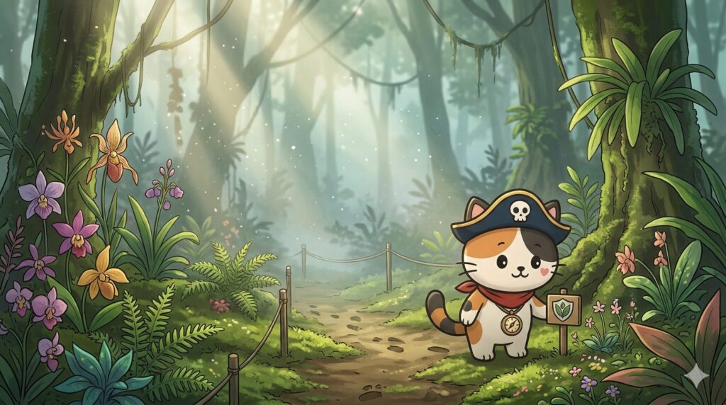 西表島の繊細な森の地面や希少植物を引きで描き、保全の必要性を示す風景。右下に小さなココロ船長がそっと確認・見守る見出し画像。