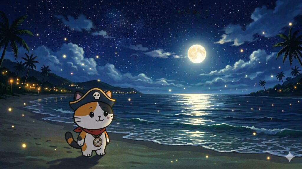 月夜の石垣島ビーチを見つめるココロ船長