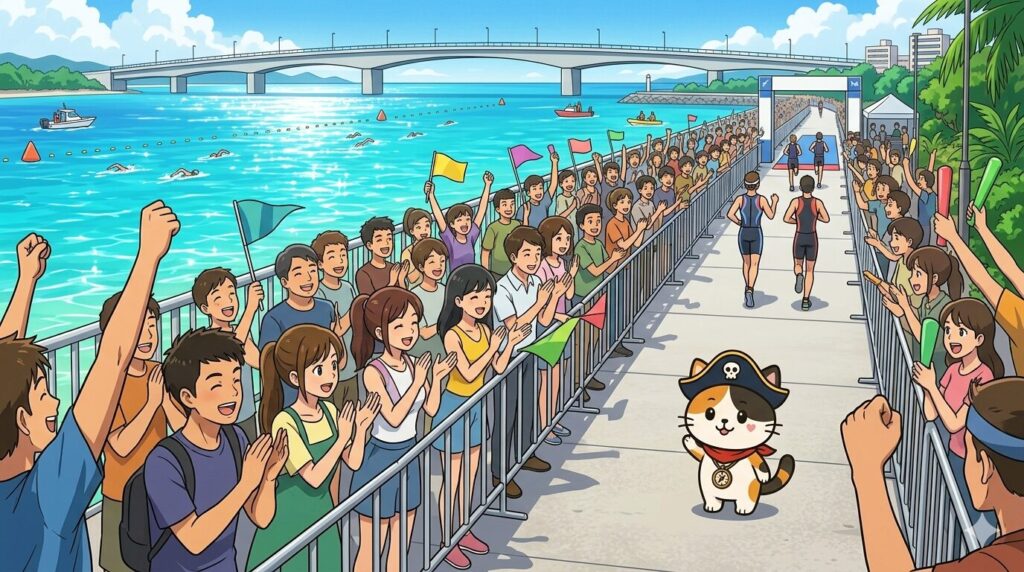 観戦スポットの熱気の中で小さく応援するココロ船長