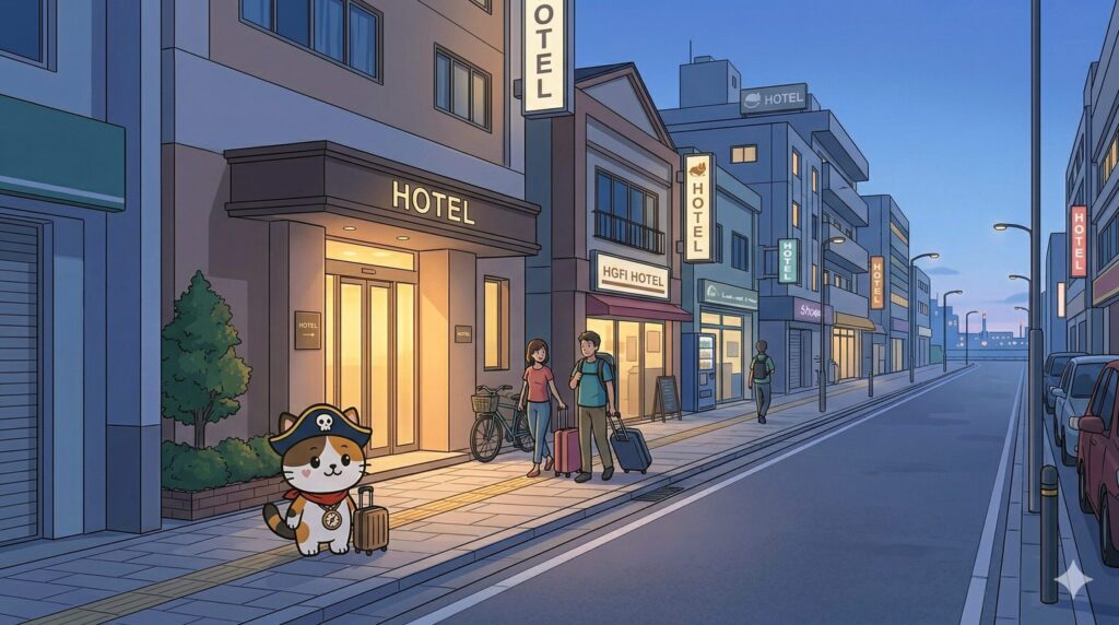 市街地ホテル選びの場面に小さくいるココロ船長