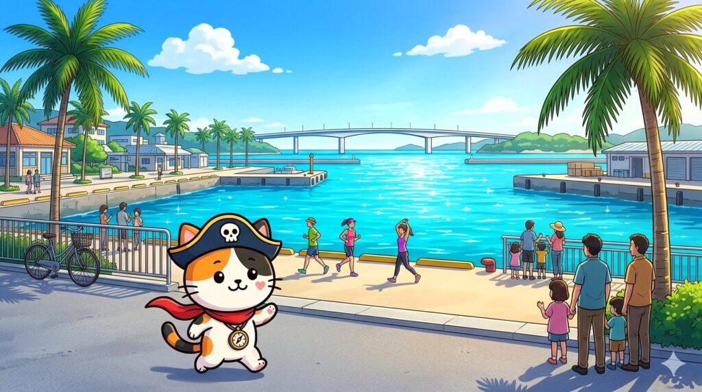 春の石垣島の海辺を軽く駆けながら案内するココロ船長