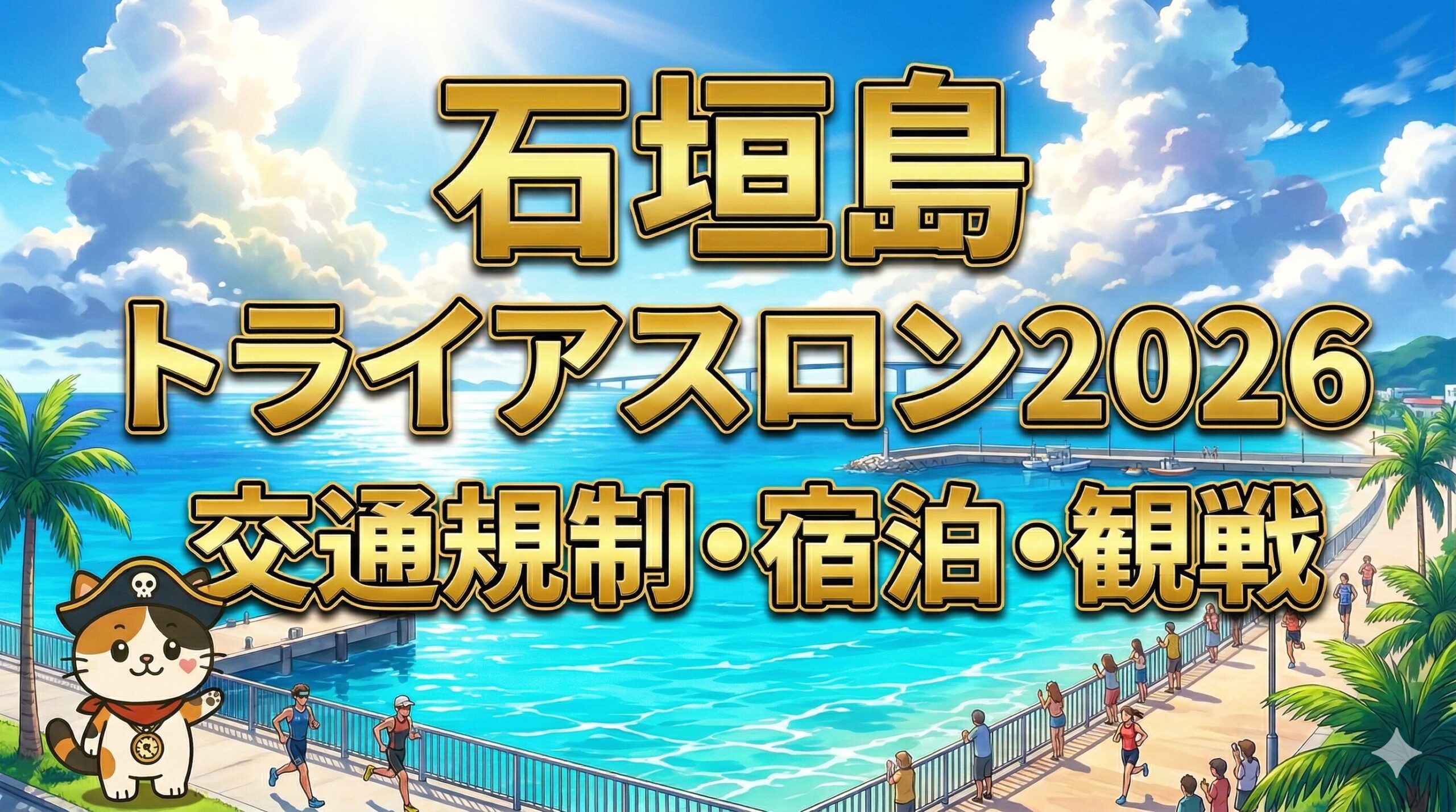 石垣島トライアスロンの会場風景を小さく案内するココロ船長
