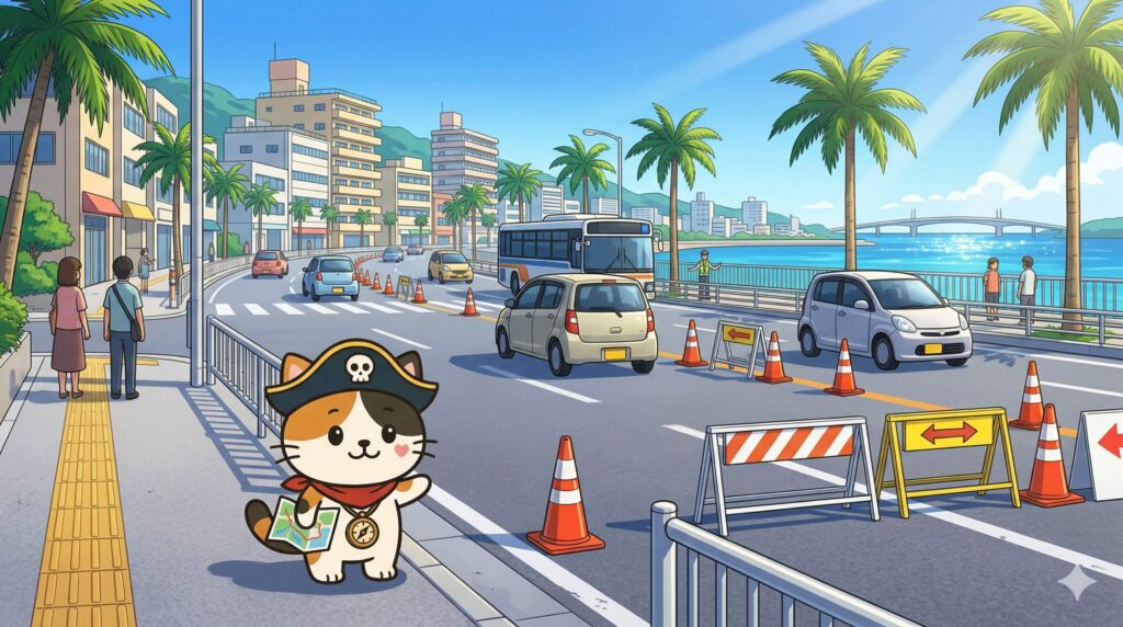 交通規制がある道路で小さく移動の注意点を案内するココロ船長