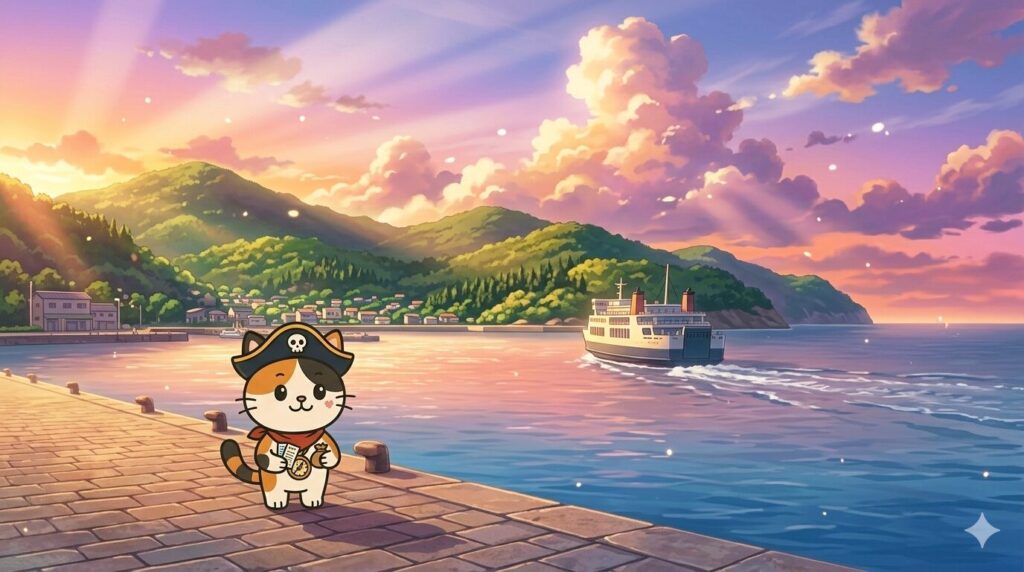 港で乗船券を確認しているココロ船長